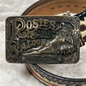 Rosie's Good Time Emporium & Saloon Brass Buckle & JUSTIN Tooled Leather BELT 36